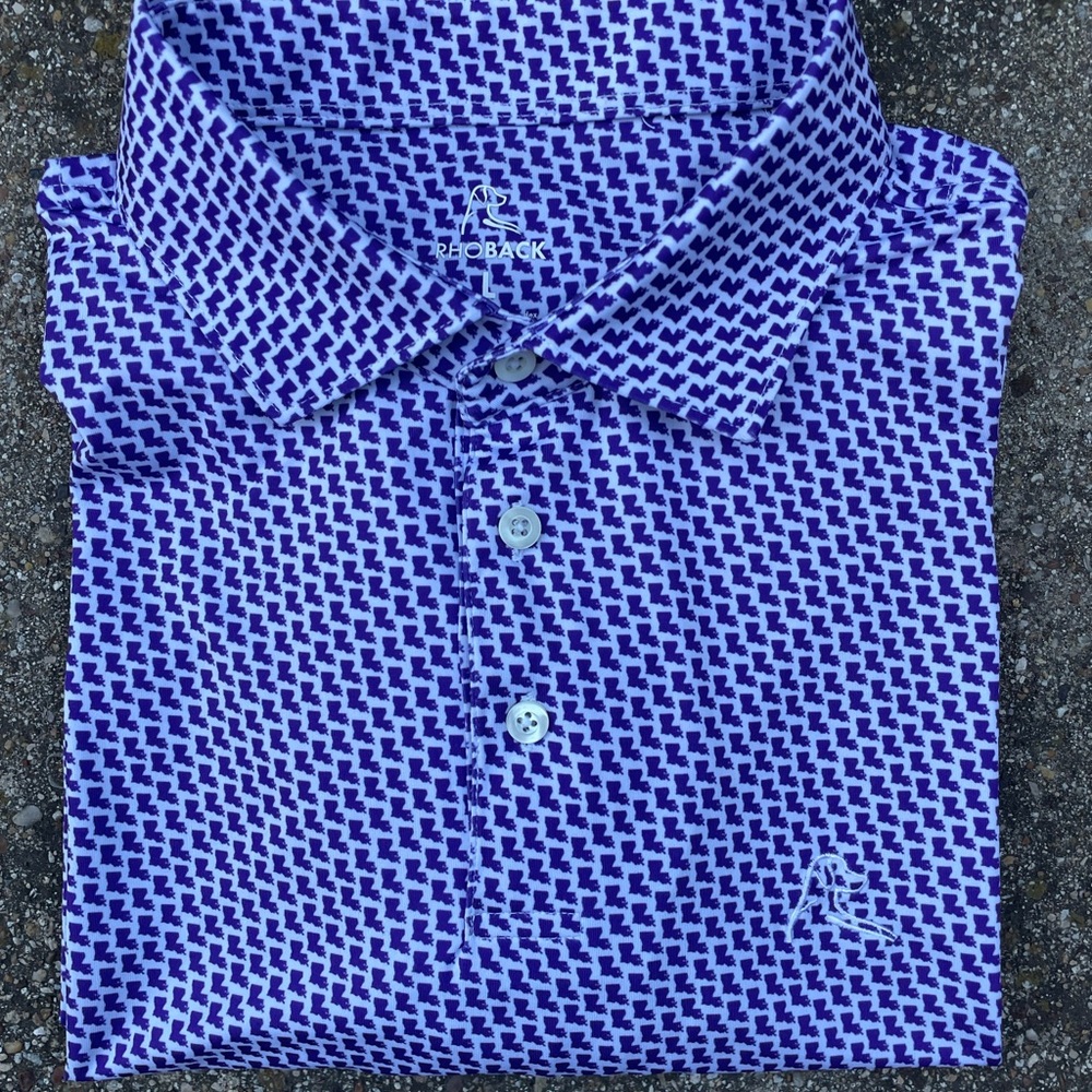 Rhoback Men's Purple and White LSU AOP Geometric Polo L